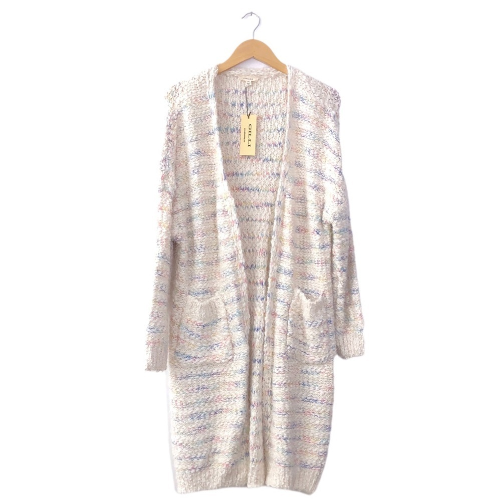 GILLI White Rainbow Puffy Open Soft Cardigan Sweater M/L